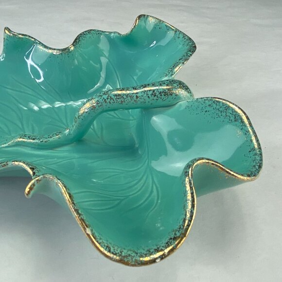 Vintage Turquoise Pottery Leaf Bowl With Gold Trim & Handle Decorative Dish - Picture 7 of 12